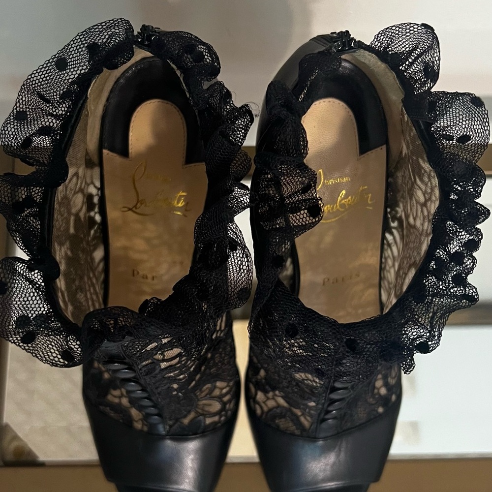 Christian Louboutin Black Stiletto Heels with Lace Overlay Size 38 - Picture 7 of 13